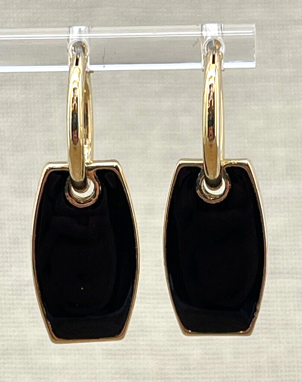 Vintage LC Liz Claiborne Gold Tone Earrings with Black Enamel Dangle Latch Back
